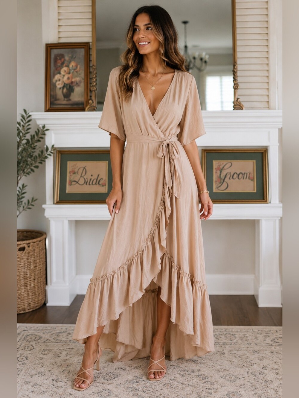 Silk & Salt Wrap Maxi Dress | Size M | Taupe | Ruffle Hem | Boho